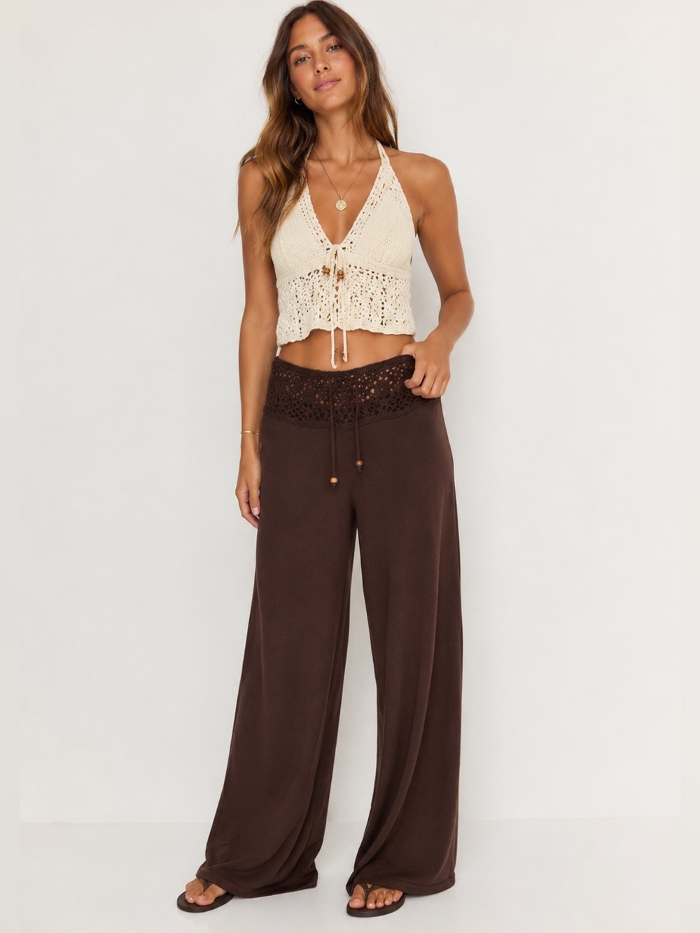 Sincerely Jules Brown Crochet-Waist Wide-Leg Pants Size M Boho Resortwear Lounge